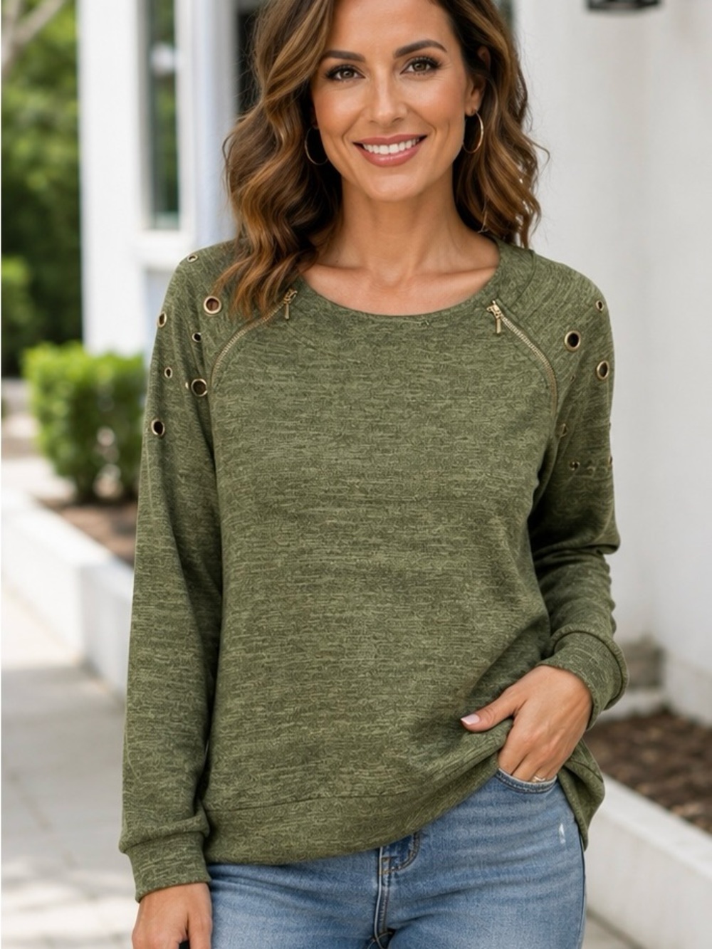 NY Collection Olive Knit Crewneck Sweater